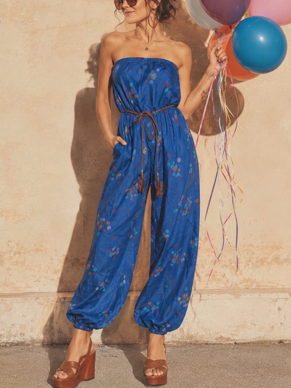 VINTAGE BYER CALIFORNIA 70s 80s‎ Balloon Print Strapless Harem Jumpsuit